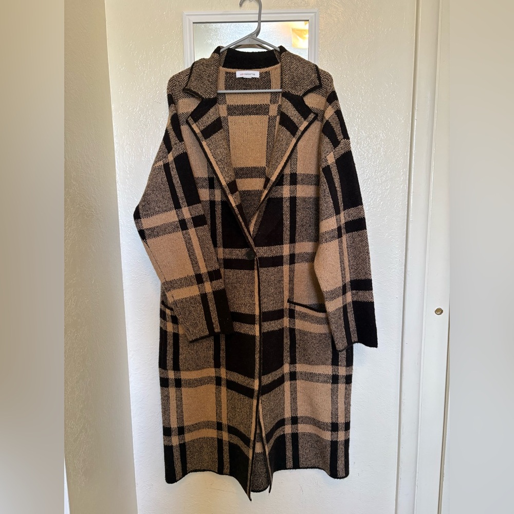 NWOT Liz Claiborne Black and Tan Knit Plaid Sweater Coat Women’s Size Large
